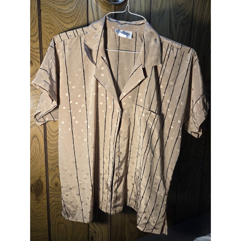 Shapely Button Up Shirt Womens Tan Black Strips Top Casual Size 14 90s 80s USA